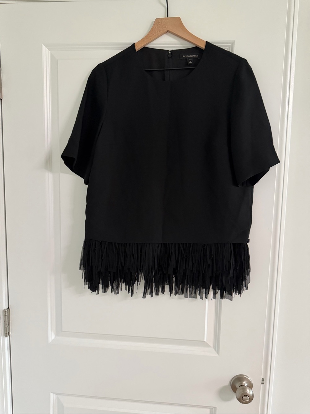 Banana Republic Black Short Sleeve Top with Fringe Hem